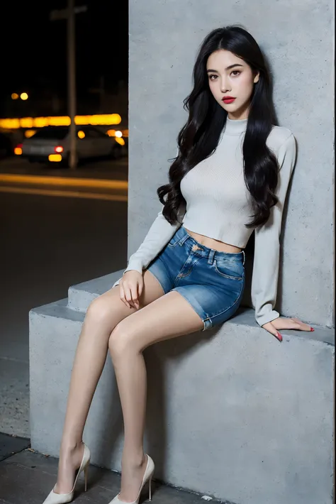 best quality, full body portrait, delicate face, pretty face, 16-year-old woman, slim figure, big bust, Wearing a long-sleeved sweater，Wear denim shorts，Stiletto high heels，wavy long hair，On the streets at night，big eyes，red lips，Heavy makeup，Ultra-thin sk...