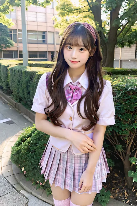 High school girl 18 years old wearing a pink miniskirt uniform