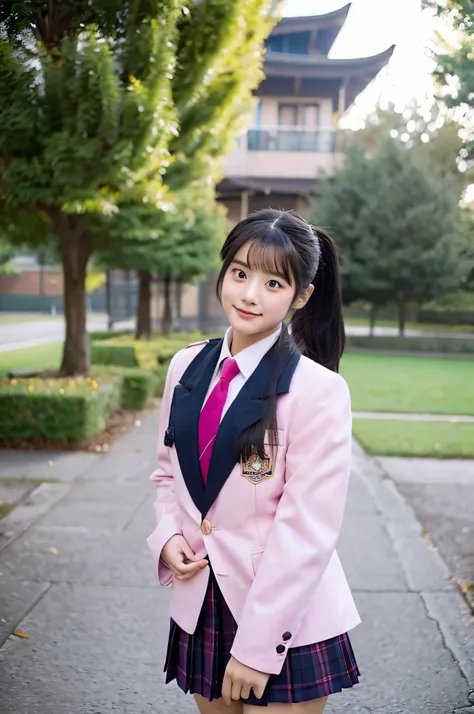 High school girl 18 years old wearing a pink miniskirt uniform（black hair ponytail）