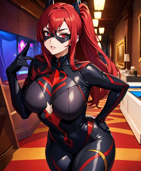 masterpiece, Best quality, supervillain Harlequin in a dark tight suit, young woman, wearing an eye mask with red lenses, stands in the villain&#39;s lair