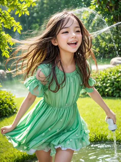 ultra-detailed,lush green grass,girl frolicking in the water spraying from the automatic watering machine,sunlight shining throu...