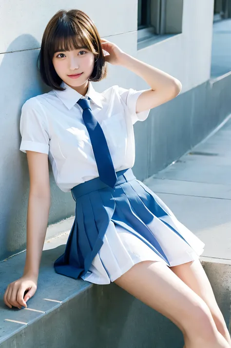 An 18-year-old high school girl wearing a uniform consisting of a white shirt and a light blue miniskirt..（black short bob）