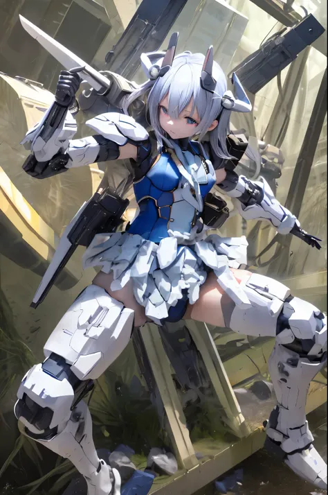 (highest quality)), ((masterpiece)), (very detailed: 1.3), 3D, (wear dark blue Old School Swimsuit under armor:1.3), 1 girl, unarmored waist, wears a futuristic white Gundam mecha,(Gundam), with headgear, add v-fin to the forehead, armored shoulders,armore...