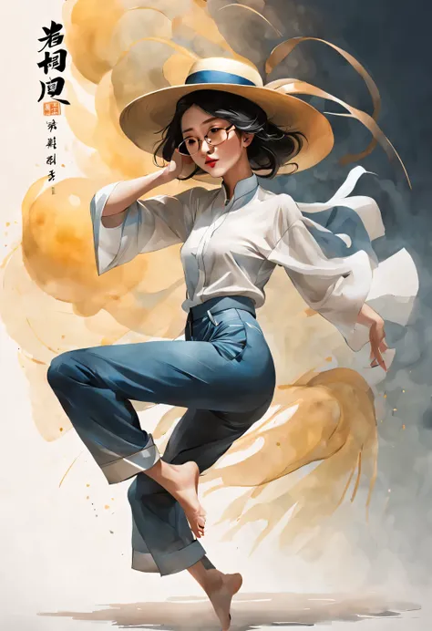 (Art dance poster design), (Half body), (Beautiful and ethereal Chinese dancers dance gracefully), (Wearing a stylish white shirt and blue jeans: 0.8), head-raised posture, Fair and flawless skin, high nose bridge, (Hats cover your face: 1.37), Wearing lar...