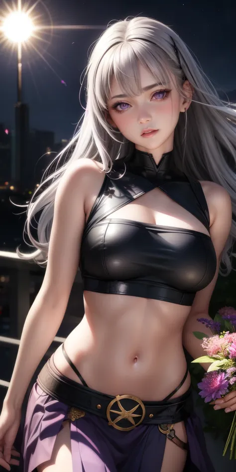 realistic, 1 girl, gray hair, purple eyes, shining eyes, crop top, skirt, parted lips, blush, night, flowers, sun, sunlight,