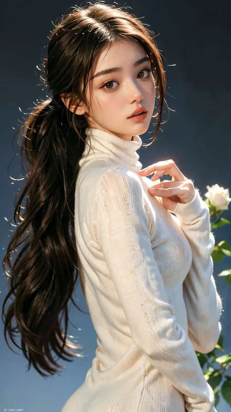 highest quality, masterpiece, ultra high resolution, (realistic:1.4), (close portrait) RAW photo, 1 girl, 22 years ago, (((Black Turtleneck Open Back Knit Dress))), ((The background is pure white roses))masterpiece, realistic pictures, japanese pictures, f...