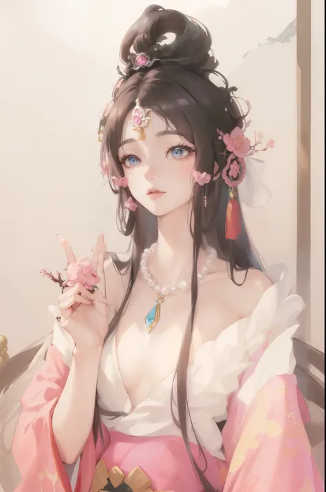 Anime girl wearing pink dress，Wearing a pearl necklace, beautiful fantasy queen, ((beautiful fantasy queen)), palace ， A girl wearing Hanfu, beautiful figure painting, ancient chinese princess, chinese princess, guweiz, guweiz style artwork, Inspired by La...