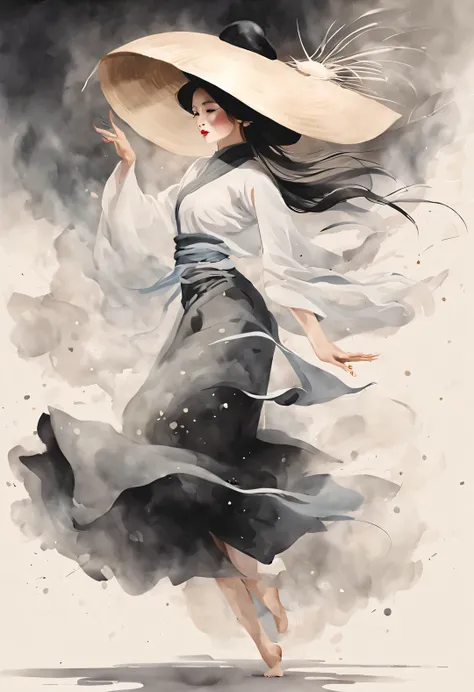 (Art dance poster design), (Half body), (Beautiful and ethereal Chinese dancers dance gracefully), (Wear stylish and modern workplace attire: 0.8), head-raised posture, Fair and flawless skin, high nose bridge, (Face covered by big hat: 1.37), bitter, (Lim...