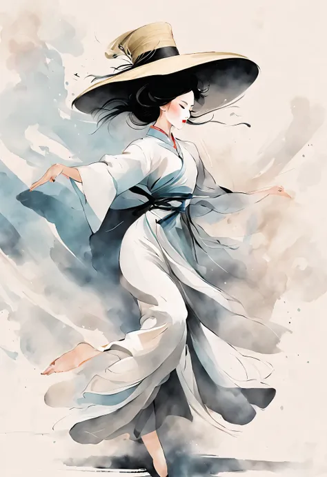 (Art dance poster design), (Half body), (Beautiful and ethereal Chinese dancers dance gracefully), (Wear stylish and modern workplace attire: 0.8), head-raised posture, Fair and flawless skin, high nose bridge, (Face covered by big hat: 1.37), bitter, (Lim...