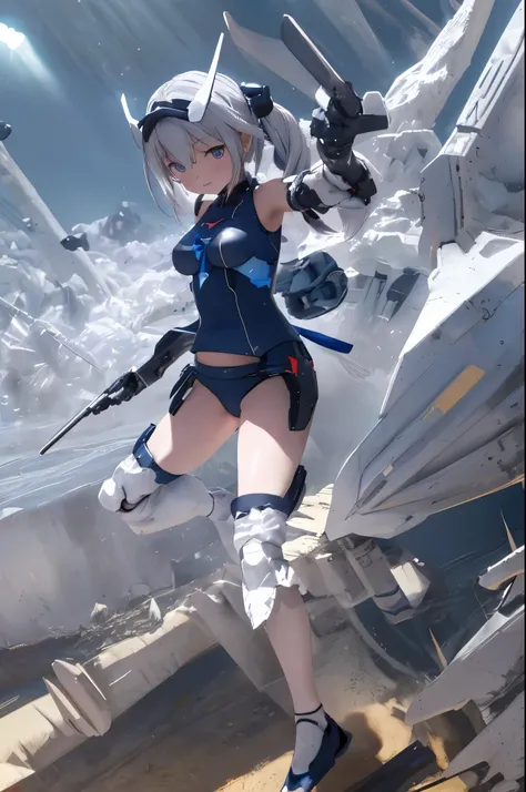 (highest quality)), ((masterpiece)), (very detailed: 1.3), 3D, (wear dark blue Old School Swimsuit under armor:1.3), 1 girl, unarmored waist, wears a futuristic white Gundam mecha,(Gundam), with headgear, add v-fin to the forehead, armored shoulders,armore...