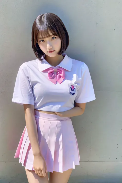 An 18-year-old high school girl wearing a white shirt and pink miniskirt uniform...（black short bob）