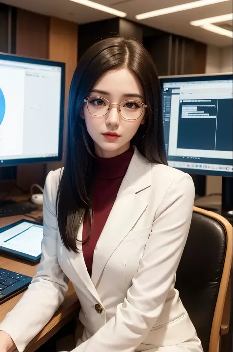 Avatars：Ayra，She is a famous psychiatrist，20 years old，Elegant and beautiful，Bright Eyes，Skin details，red lips，short hair，white suit，Work card，Characteristics of nurse uniforms。wear glasses. sense of technology，In the studio。Face in Focus，lifelike：1.37