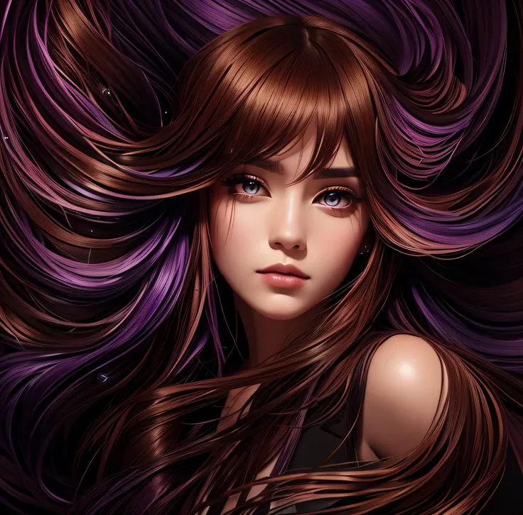 Woman&#39;s face with colorful hair and waves surrounding her, In a realistic fantasy style, neon color palette, dark bronze and purple, split tonic, exotic realism, Contest Winner, colourful colors