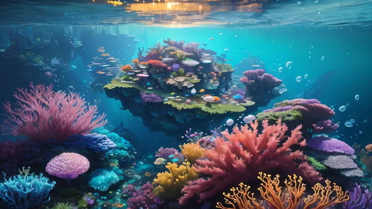 ((perspective)) Microscopic world, Vista, underwater fantasy,((masterpiece)), 最high quality, high quality, ((very detailed CG unity 8k wallpaper)),(fantasy), Complex背景, underwater fantasy world, Fish, shining jellyfish, colorful, (abyss)), staggered stone ...