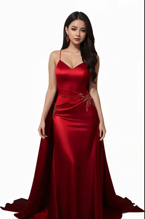 a woman in a red dress posing for a picture, wearing long gown, elegant red dress, sexy gown, ornate dark red opulent clothing, long gown, gown, in long red or blue dresses, fantasy long intricate gown, satin, in a red dress, royal gown, dressed beautiful ...