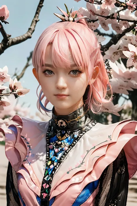 masterpiece, POV of a woman taking a photoshoot inside the pink room, (Light pink hair:1.4), (pink dress:1.4), pink eyes, pink and white, (sakura leaves:1.5), vivid colors,pink and white dress, paint splash, simple background, ray tracing, wavy hair
