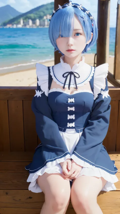 (masterpiece:1.6, highest quality), (Beautiful detailed eyes: 1.2), ticker_Rem, Remhd, 1 girl, blue hair, alone,One eye is hidden by hair, blue eyes, ×hair ornament,roswaal mansion maid uniform, maid, Ocean,  cove, sunlight, wood, Wave,  whole body,spread ...