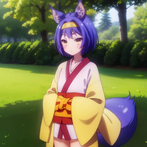 izunahatsuse, izuna hatsuse, short hair, animal ears, purple hair, hairband, animal ear fluff, fox ears, slit pupils, (yellow eyes:1.3),
BREAK bow, tail, japanese clothes, wide sleeves, kimono, fox tail, short kimono,
BREAK outdoors, forest, nature, sun, s...