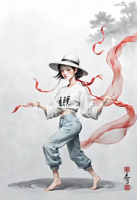 (modern art dance poster design), (half body close-up), (beautiful chinese girl dancing in the air), (wearing a modern and styli...