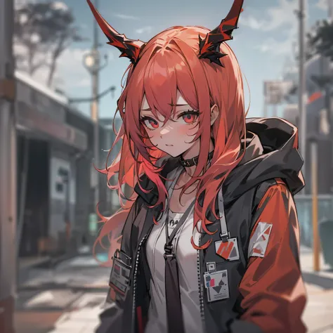 1girl, jacket, outdoor, hoodie, open jacket, chain,cute, kawai, looking at another, trending on artstation, 8k resolution, highly detailed, anatomically correct, sharp image, digital painting, concept art, trending on pixiv, soft femenine colors ,red, mono...