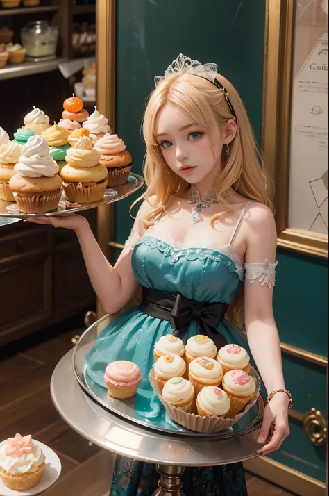 masterpiece, Very detailed, (Chibi:1.3), , (1 girl), blonde hair, pastel colors, cozy atmosphere, Dessert display case, macaron, Cupcakes, pie, Cupcakes, coffee machines, Blackboard menu, natural lighting, Glass jars filled with candy, Frosted window glass...