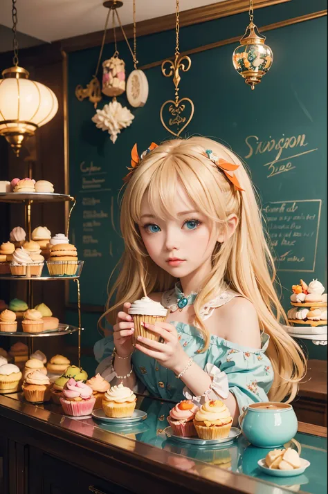 masterpiece, Very detailed, (Chibi:1.3), , (1 girl), blonde hair, pastel colors, cozy atmosphere, Dessert display case, macaron, Cupcakes, pie, Cupcakes, coffee machines, Blackboard menu, natural lighting, Glass jars filled with candy, Frosted window glass...