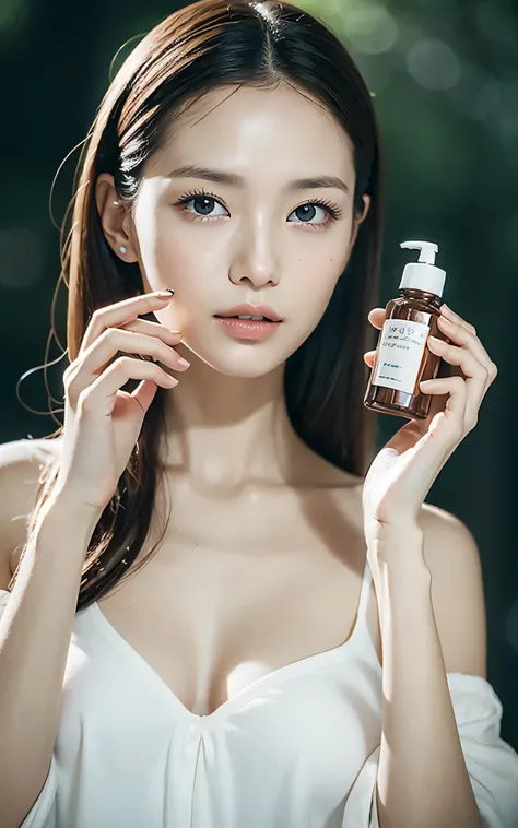 1 Female-centered, Beautiful female model holding cosmetic bottle in hand, wearing a white shirt, Model&#39;s skin is healthy and clean, And the cosmetic bottle shines luxuriously, Skin Care, flower, cosmetic advertising photo, clean atmosphere, in a studi...