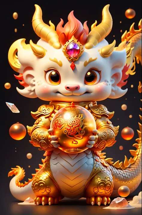 golden asian dragon holding a crystal ball on black background illustration, in the style of kurt wenner, sculpted, detailed cha...