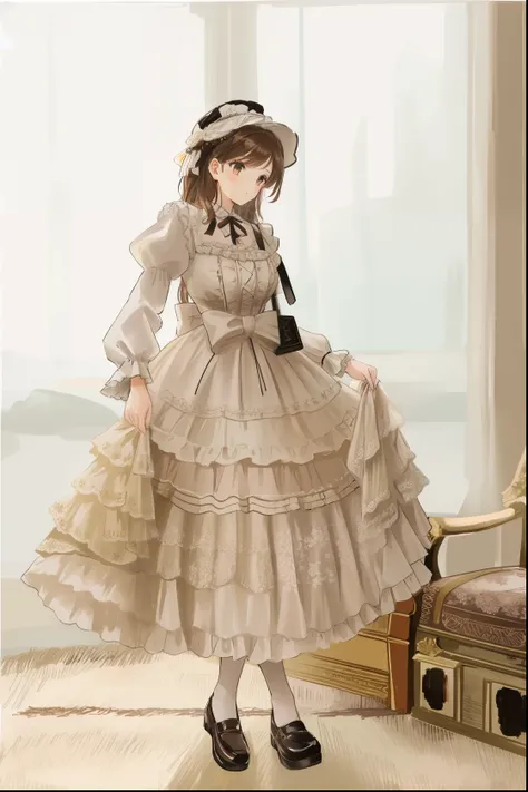 a close up of a young girl in a dress and hat, (brown long hair swept bangs:1.3), rococo ruffles dress, rococo dress, victorian dress, romantic dress, intricate victorian dress, victorian gothic lolita fashion, victorian inspired clothing, ornate frilly dr...