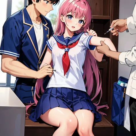 High school girl in a sailor suit receiving vaccination、a man holds a syringe