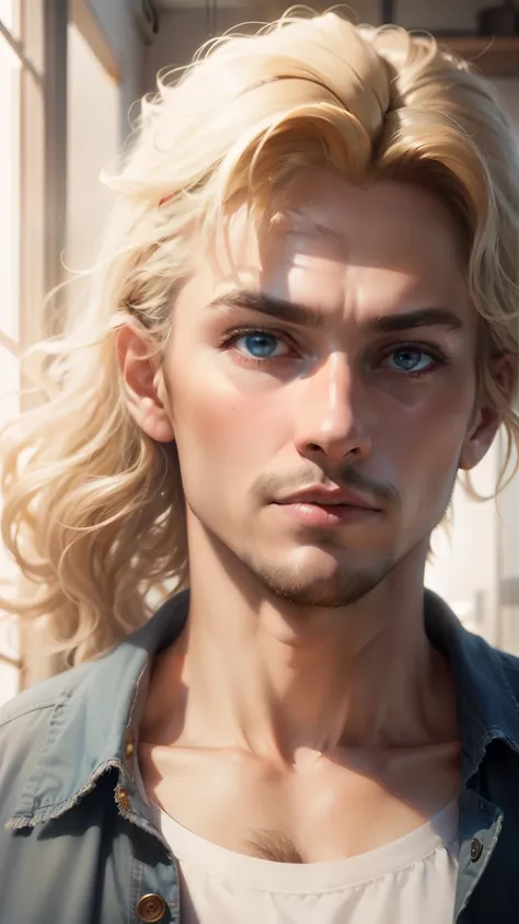 (masterpiece, absurdity, a high resolution, ultra detailed), 1 person, wavy blonde hair, adult, Blue eyes, ponytail, male focus,Beautiful face, Casual wear, Charming, beautiful, Detailed eyes and face,