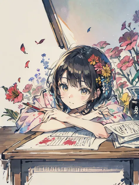 On the desk decorated with flowers、Messy desk、quill pen、ink、Paint