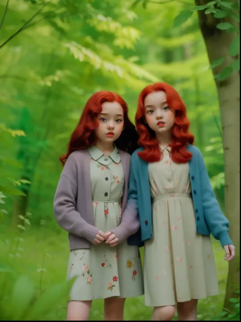 Twin 9-year-old girls, with red hair and mischievious looks, stand in a forest wearing 1940s floral dresses and cardigans.