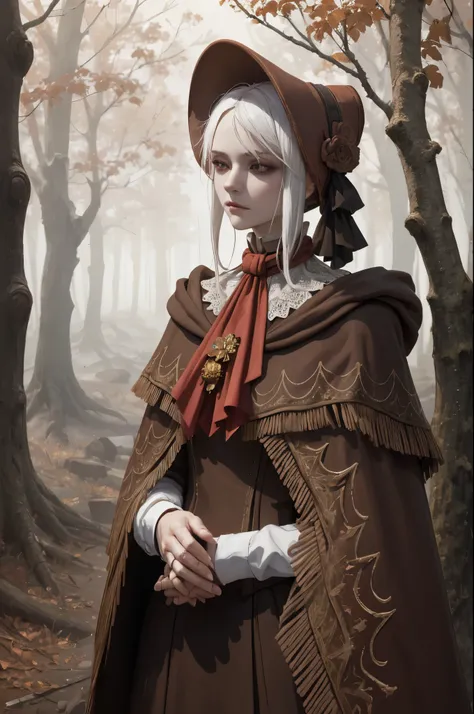 masterpiece, best quality, plaindoll, white hair, doll joints, bonnet, brown cloak, long dress, red ascot, autumn, forest, fog, ...