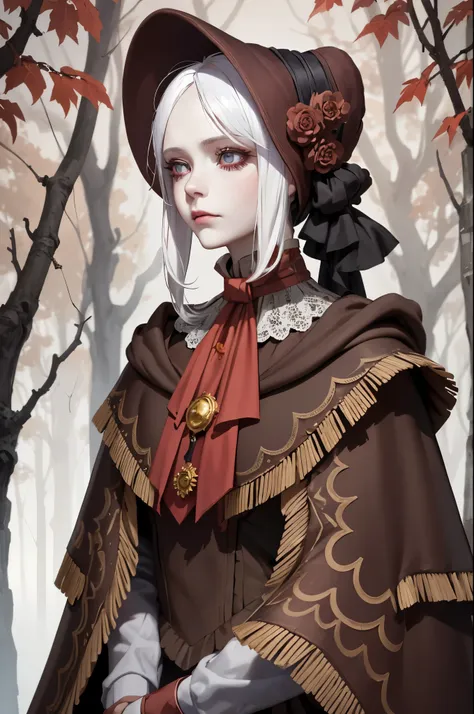 masterpiece, best quality, plaindoll, white hair, doll joints, bonnet, brown cloak, long dress, red ascot, autumn, forest, dusk,...