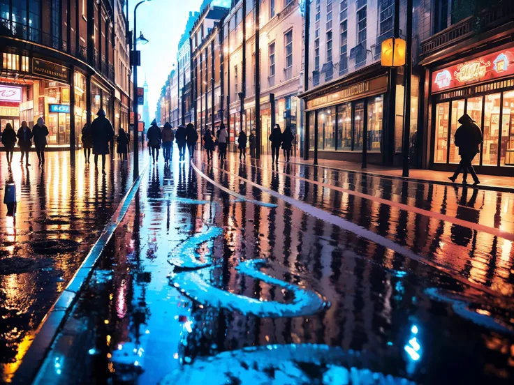 (8K, Best Quality, Masterpiece: 1.2), (Realistic illustration: 1.37), Super Detailed,(top-quality), (ultra-detailliert),High Resolution, BREAK Create a city street scene on a rainy day, the azure sky reflecting in puddles on the asphalt, the buildings tint...