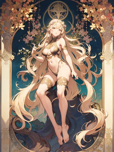 ,long curly hair, blonde, floral frame, decorative panel, summary
Photorealistic, Artistic, By Alphonse Mucha
(masterpiece, highest quality, High resolution:1.4), 詳New, intricate details, 4K, splash of color, line drawing,   fibonacci,small bikini、big boob...