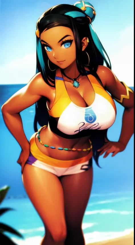 (masterpiece, best quality:1.2), cowboy shot, solo, 1girl, nessa, dark skin, dark-skinned female, slight smile, looking at viewer, hand on hip, single hair bun, swimsuit, bikini, jewelry, necklace, earrings, belly chain, armlet, midriff, beach, full body, ...