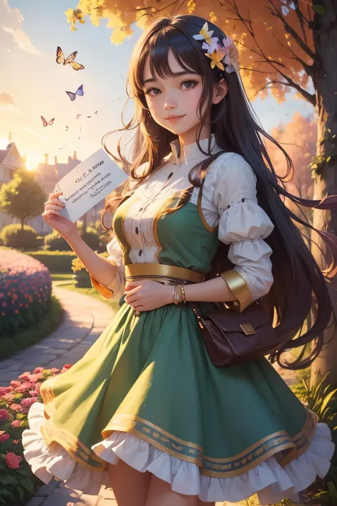 A girl with a vibrant smile and expressive eyes, wearing a colorful outfit, standing amidst a beautiful garden. Her face is illuminated by the soft golden rays of the setting sun. The garden is filled with blooming flowers of various colors, creating a pic...