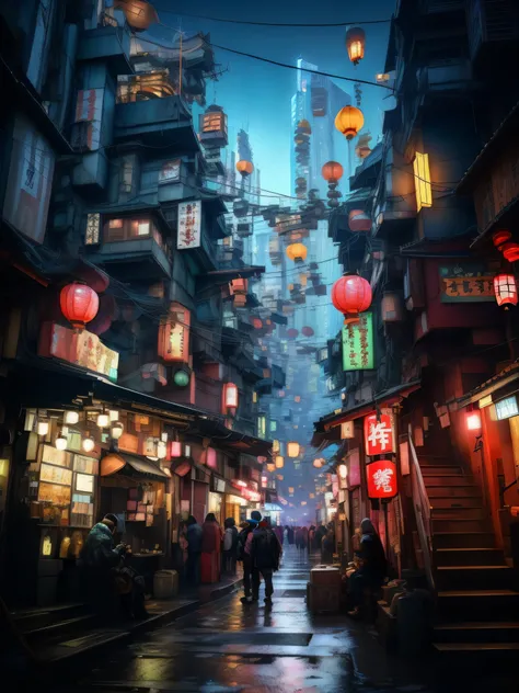 Many lanterns are hung on the buildings in the city, Dream Chinatown, chinatown blade runner, Japantown市, cyberpunk streets in japan, Cyberpunk 8k resolution, Beautiful cyberpunk city, cyberpunk street, Japantown, Cyberpunk Alley, kowloon cyberpunk, Japant...