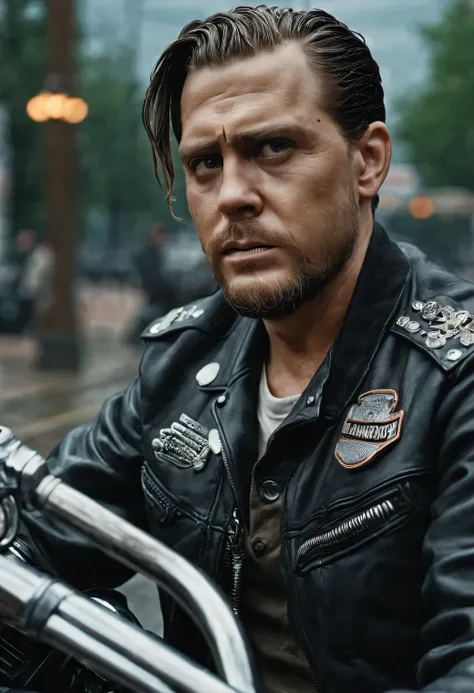 (hyper realistic, photorealistic, 4k, UHD, intricate details, long shot) A 1950s scene of Anton, Sitting on a motorcycle wearing his Harley Davidson Jacket, looking at the camera, keyword Anton