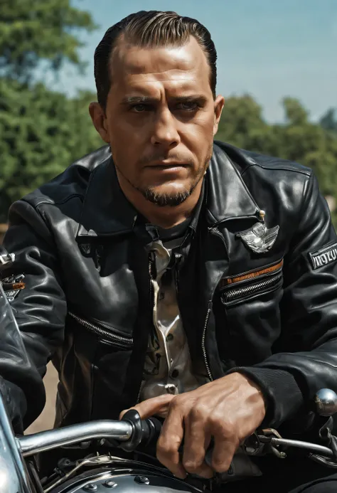 (hyper realistic, photorealistic, 4k, UHD, intricate details, long shot) A 1950s scene of Anton, Sitting on a motorcycle wearing his Harley Davidson Jacket, looking at the camera, keyword Anton