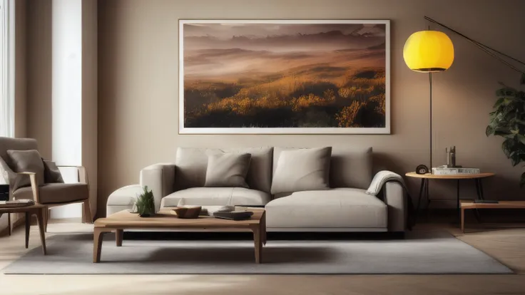 hyper ultra realistic photographs full body of Beige sofa with yellow pillows and two side tables with lamps against vibrant yellow wall with poster frame. Classic home interior design of modern living room. ratio 16:9, 4k, 8k resolution, High quality phot...