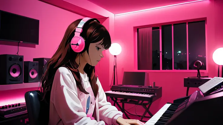 Girl sitting producing to music in a pink room at night, Usando fones de ouvido, Anime estilo 2D, Lo-fi, disco Rigido, Ambiente escuro