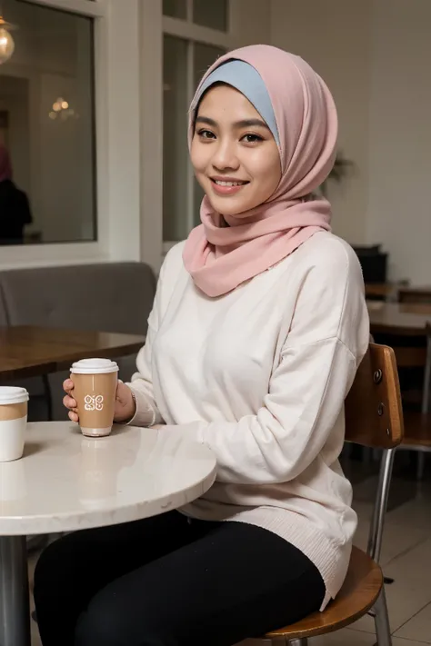 a young Malay women, wearing pink full covered hijab, white loose sweater and black long slacks, sitting and relaxing, enjoying coffee in a classy cafe, smiling.