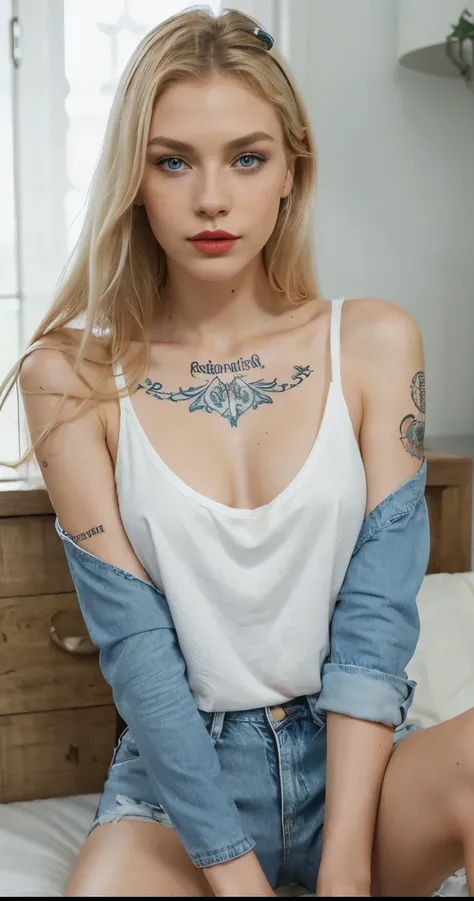 Beautiful skinny girl, elongated face and thin chin, freckles, blonde, blue eyes, red lipstick, beautiful makeup, white skin, tattoo written on the forearm, beautiful patterned top, denim shorts, white cotton shoes, sexy style