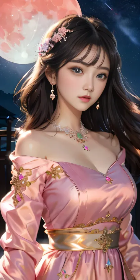 hight resolution、high-level image quality、8K、Real live-action、The background is a big pink moon that shines beautifully、Gorgeous accessory decoration、pure，Dolce，Based on physical rendering，Perfect Light and Shadow，extreme hight detail，sense of science and ...