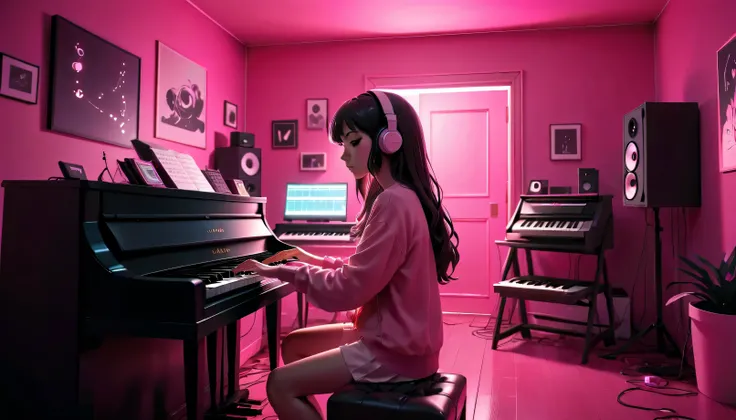 Girl producing to music in a pink room at night, Anime estilo 3D, Lo-fi, disco Rigido, Ambiente escuro, hands on piano