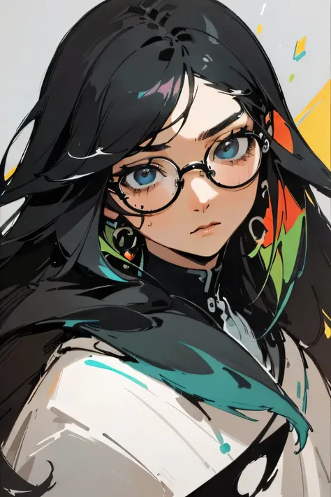 Color block painting，high detail，best quality，Better face，Glasses，tear nevus，long black hair