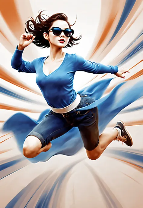 (Modern art dance poster design), (Half-length close-up), (Beautiful Chinese girl dancing in the air), (Wear modern fashionable winter fashion: 0.8), (Wearing large sunglasses: 1.2), Harmonious combination of classic and modern, An elegant combination of d...